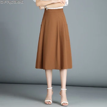 

M-5XL Plus Size Women Skirt Vintage Elastic High Waist Saia Midi Pockets Streetwear Pleated Ladies Skirts Solid Black Jupe Femme