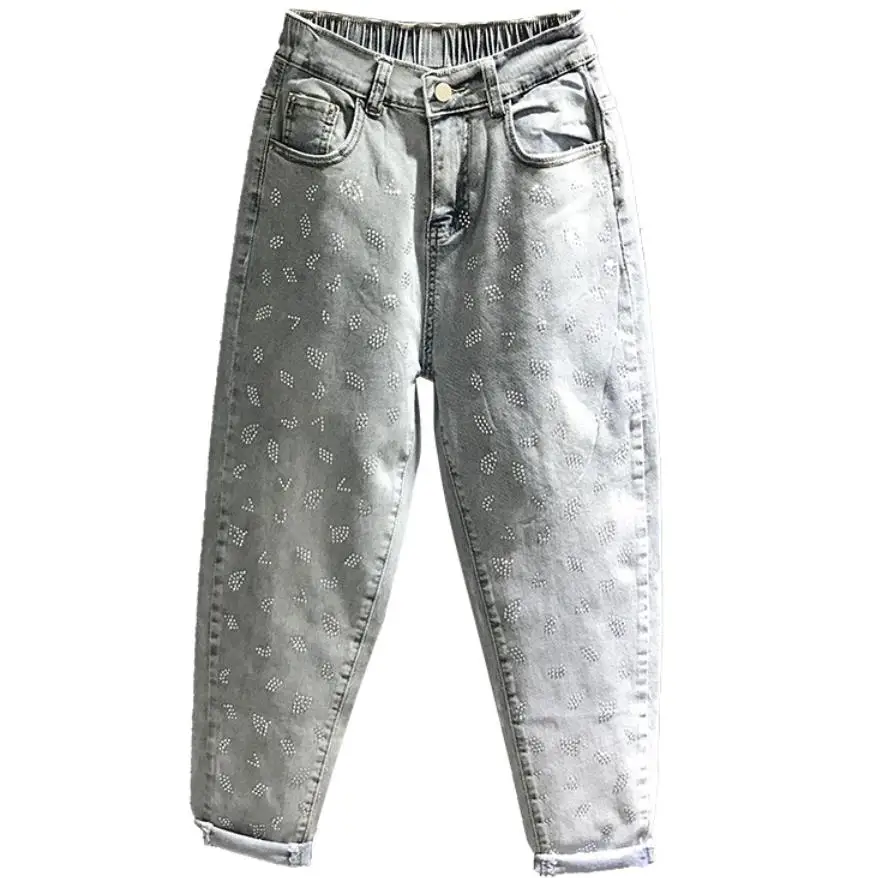 

2019 summer new fashion elastic high waist jeans diamond women loose casual ankle length harem pants plus size