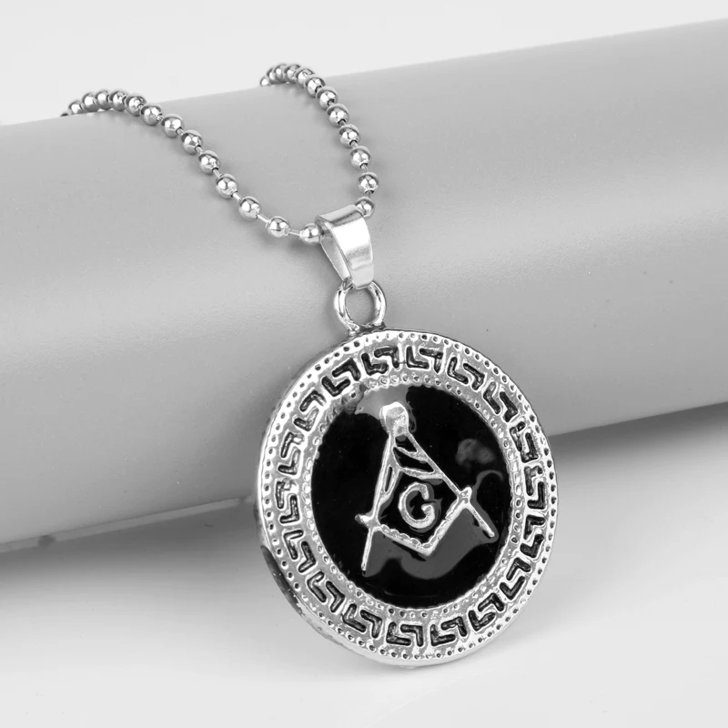 

MQCHUN Mason Freemason Masonic Square Compass Vintage Silver Color Pendant Necklace Black Enamel Round Necklace-30