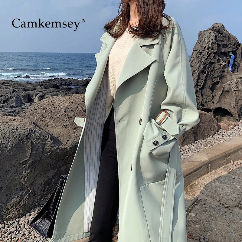 

CamKemsey Autumn Winter Women Coats 2019 Korean Leisure Solid Double Breasted Casual Long Trench Coats Female Outwear