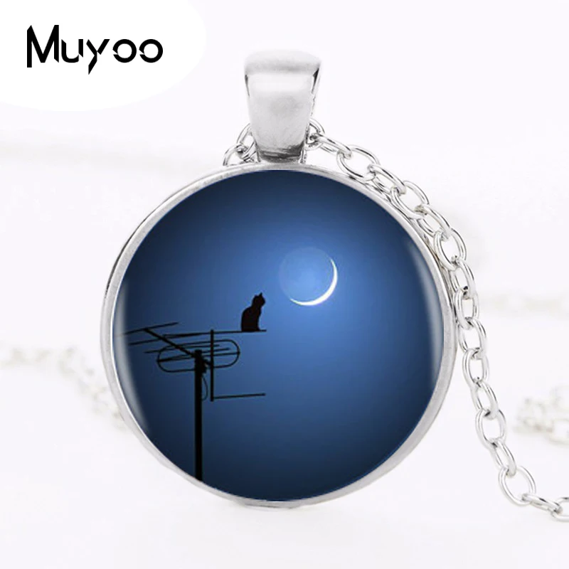 Cat Pendant Necklace Different Styles Moon Charm Handmade Round Necklace For Women Men Round Photo HZ1