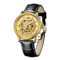 2018 реальные Tourbillon Skeleton золото memachical Ман часы черный кожаный Сапфир Циферблат Водонепроницаемый Японии Автоматическая человек Наручные