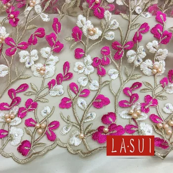 

LASUI 2017 noble 5 colors Multicolor mixed colors lace fabric mesh gold thread Hand-beaded Shiny DIY evening dress X0268