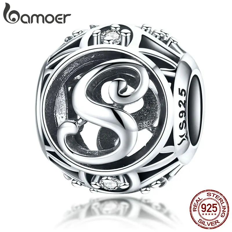 BAMOER Authentic 925 Sterling Silver Vintage A to T, Clear CZ Alphabet Letter Beads Fit Charm Bracelets DIY Jewelry SCC738