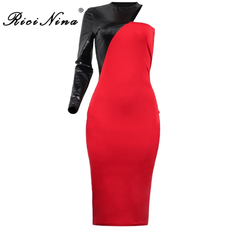 RICININA 2019 Summer Women Dress Women O Neck Long Sleeve One Shoulder Patchwork Midi Dress Woman Casual Party Dress Vestidos