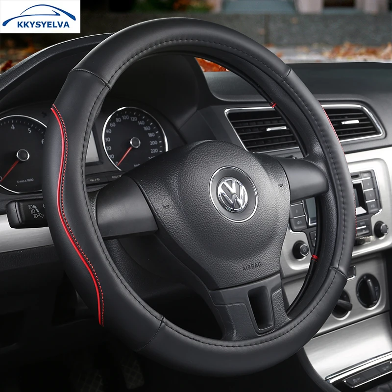 

KKYSYELVA 5 Colors Leather Car Steering Wheel Cover 38cm/15inch Auto Steering-wheel Covers Interior Accessories