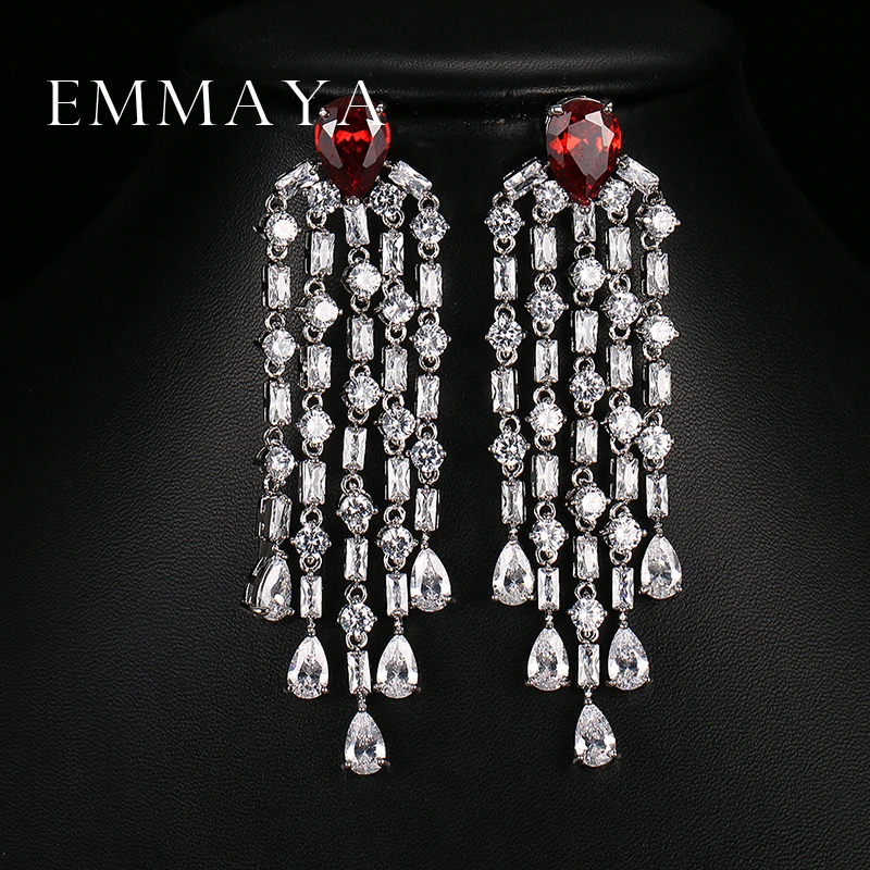 

Emmaya Luxury Red Green Clear Blue Long Earrings For Women Wedding Party Drop AAA Shiny Cubic Zirconia Tassel Dangle Jewelry