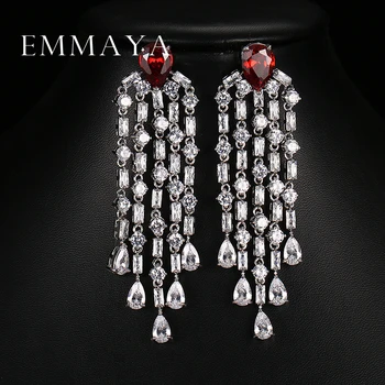Emmaya Luxury Red Green Clear Blue Long Earrings For Women Wedding Party Drop AAA Clear Cubic Zirconia Tassel Dangle Earrings