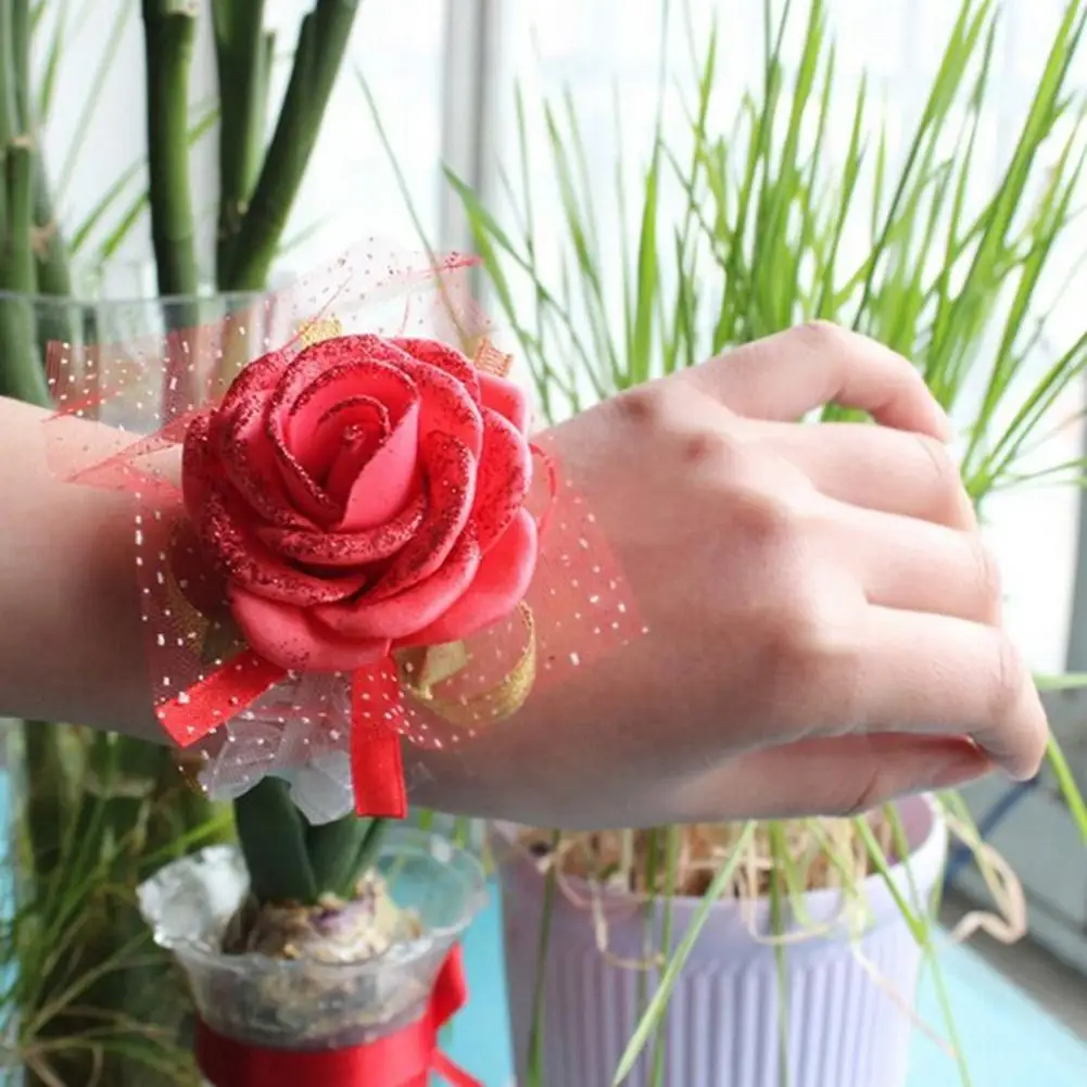 

HOT SALE! Wedding Bracelet Rose Flower Shiny Sequins Bridesmaid Sisters Hand Wrist Corsage Artificial & Dried Flowers