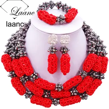 

Laanc Brand Silver and Red Crystal African Beaded Jewelry Set Nigerian Wedding Bridal Jewelry Sets XQJZ001