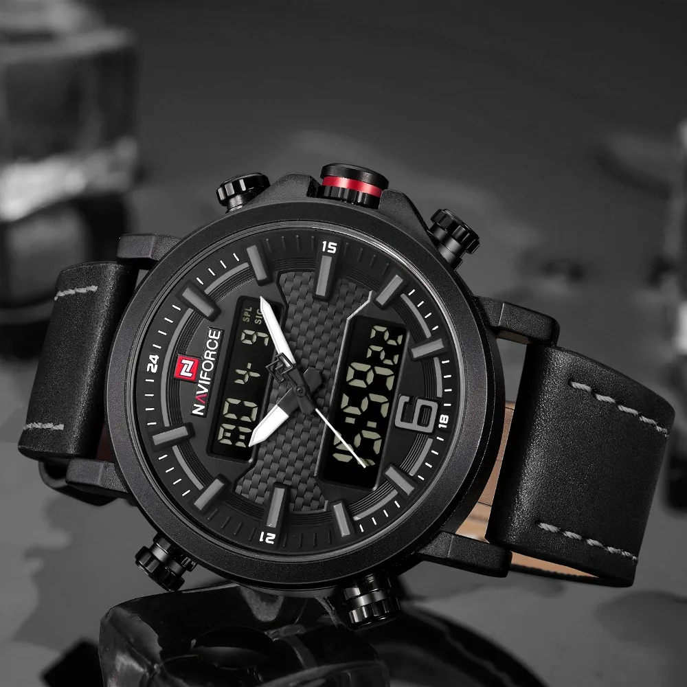  Top Luxury Brand NAVIFORCE Mens Sports Watches Men Quartz LED Digital Clock Men Fashion Leather Wat