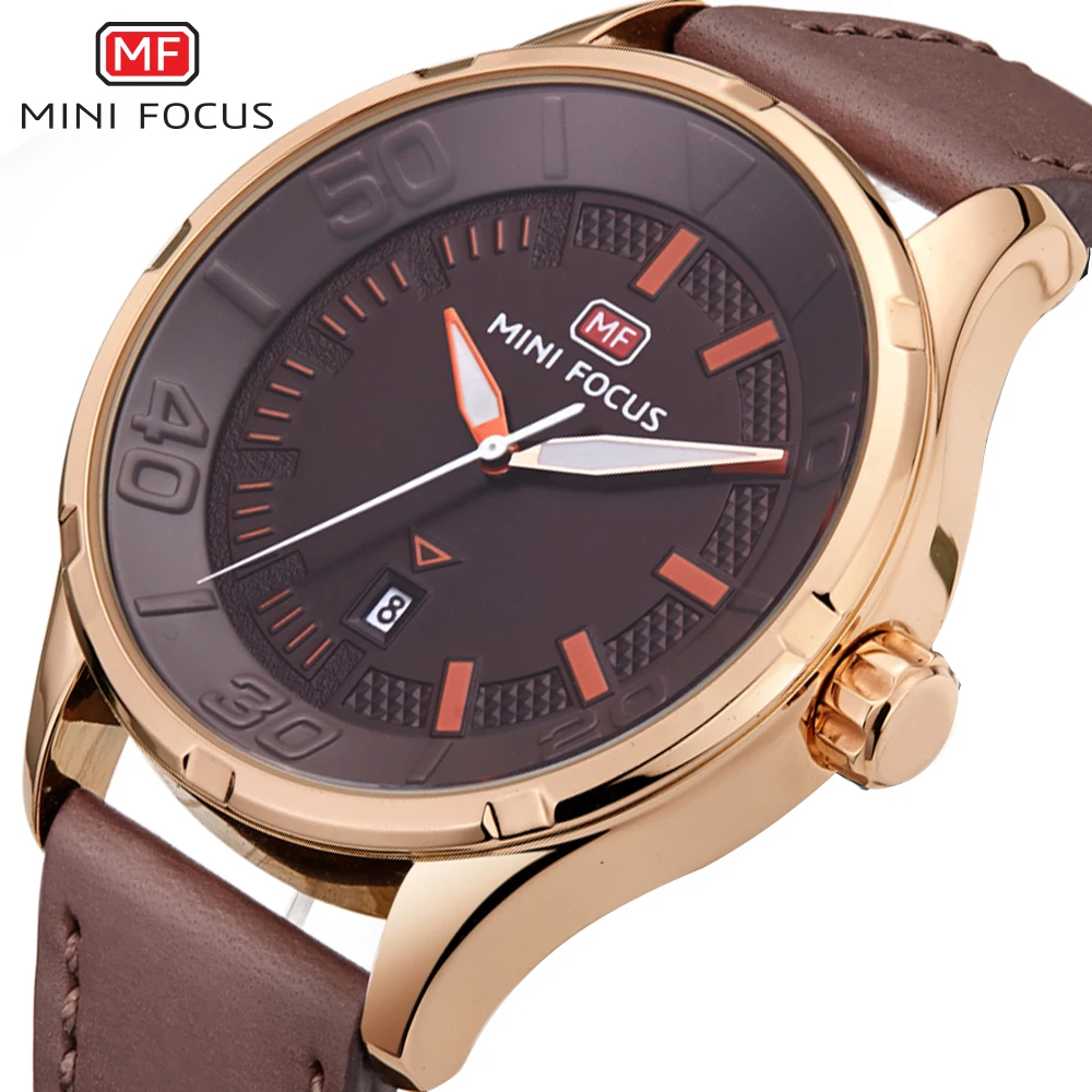 

MINI FOCUS Simple Fashion Quartz Watch Men Brown Leather Strap Date Display Luminous Hands Casual Mens Watches Top Brand Luxury