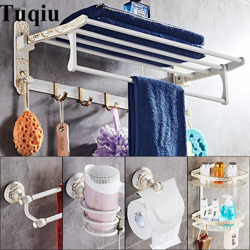 Günstige Badezimmer Zubehör Set Aluminium Geschnitzte Bad Hardware Sets Handtuch Rack, Papier halter Wc Pinsel Halter Weiß und Gold