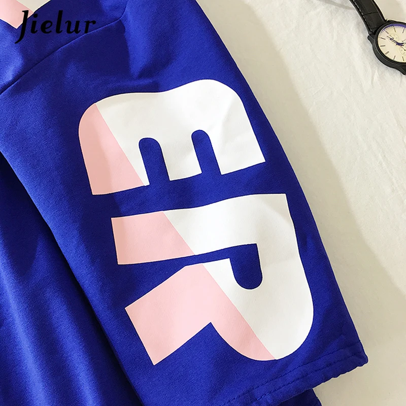 Jielur Новинка харадзюку простая футболка с буквенным принтом женская крутая футболка в стиле хип-хоп с круглым вырезом и длинным рукавом Женские топы свободная синяя футболка