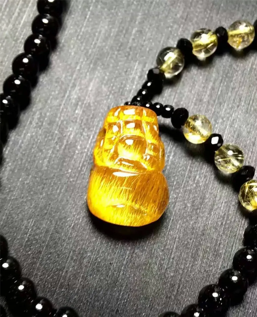 

Fashion Women Men Powerful Pendant Dragon Pi Xiu Shape Genuine Natural Titanium Gold Rutilated Quartz Pendant 25x16x13mm