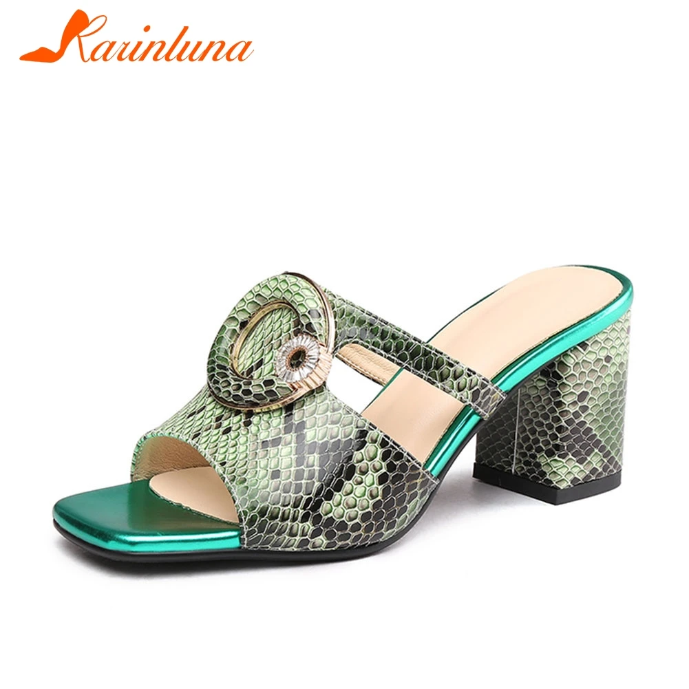 

KARINLUNA brand new big size 33-42 ladies high heels summer mules 2019 print shoes woman casual party outside summer slippers