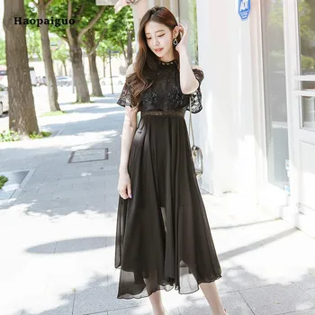 

Solid A-line Dress Women Summer Black Short Cloak Sleeves Stand Vintage Club Lace Chiffon Dress Elegant Party Dresses Vestidos