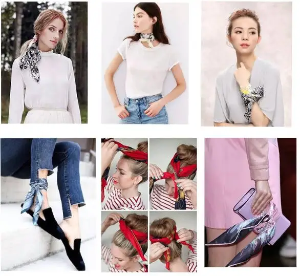New Square Scarf Hair Tie Band For Business Party Women Elegant Small Vintage Skinny Retro Head Neck Silk Satin Scarf