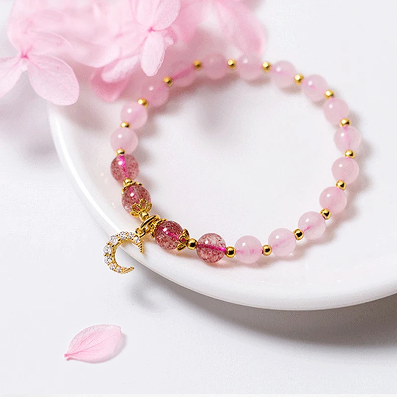

Ruifan Moon Shape Pink Crystal Natural Strawberry Quartz 925 Sterling Silver Bracelet for Women Female Bracelets Jewelry YBR100