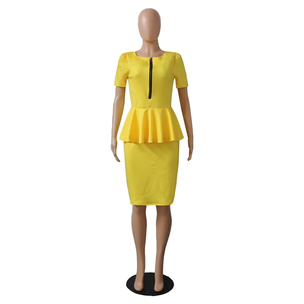 Элегантное офисное женское платье с круглым вырезом и коротким рукавом, платья для работы, сексуальная обтягивающая юбка-карандаш средней длины, Vestidos с молнией, красный, синий, желтый