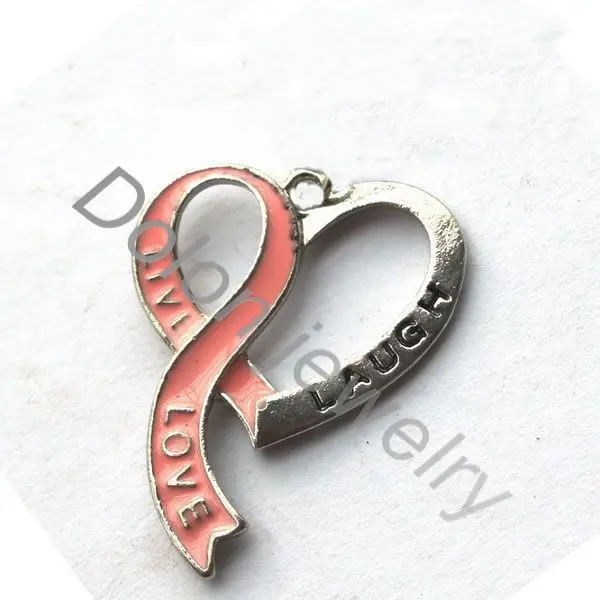 

3.3cm Heart Pendant Themed Cancer Breast Awareness Pink Ribbon Charm with Word Live Laugh Love Inspirational Anti Virus DIY