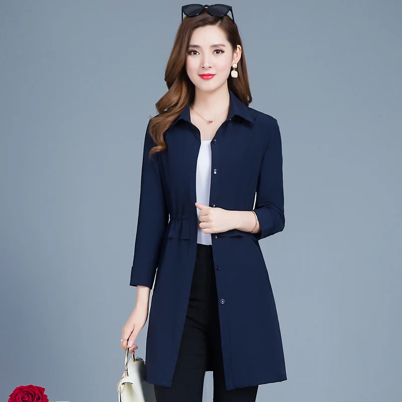 

Spring Autumn 2019 Korean Fashion Single Breasted Mid-long Trench Coat Mujer Slim Plus Size Windbreak Outwear