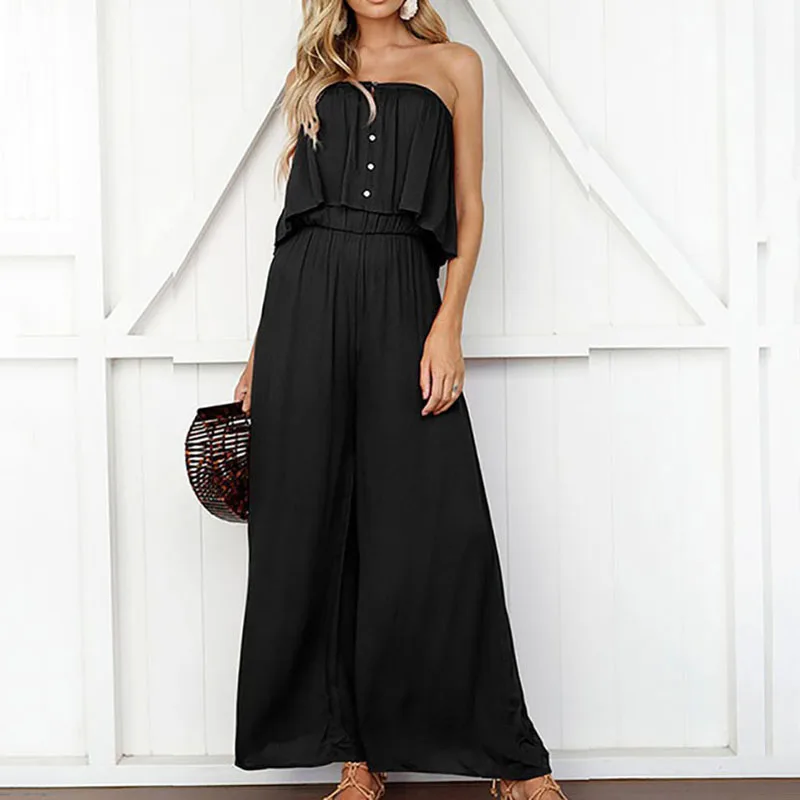

2019 Women Summer combinaison femme Sexy One Word Collar Solid Color Romper Backless Loose Casual Jumpsuit