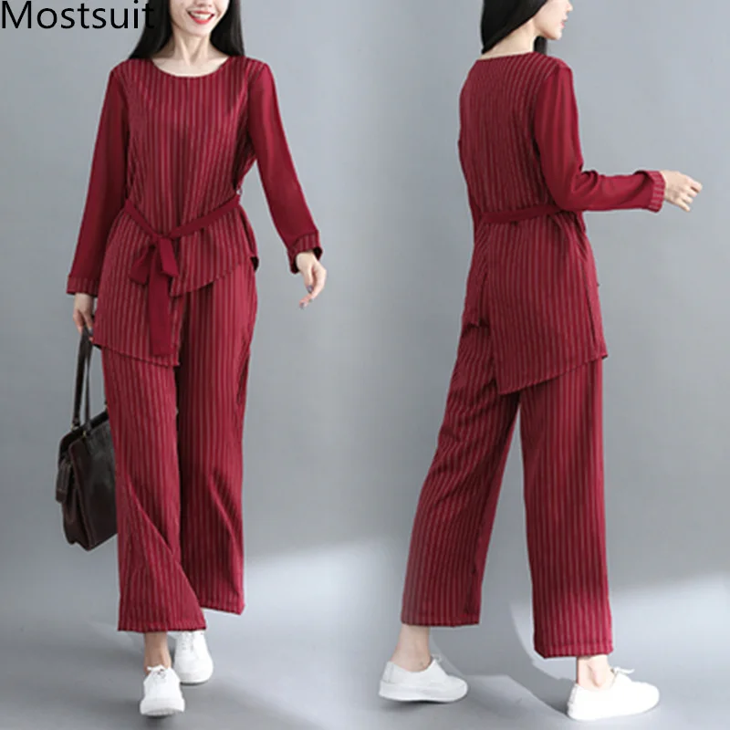 

Striped Two Piece Sets Women Long Sleeve Blouses With Belt And Wide Leg Pants Suits Spring Autumn Casual Elegant Ol Style Sets