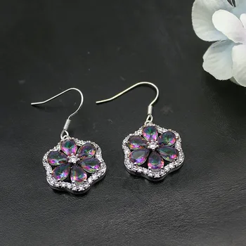 

Beautiful Flower Rainbow Fire Mystic Topaz925 Sterling Silver Color Dangle Drop Earrings 1 3/8 inch