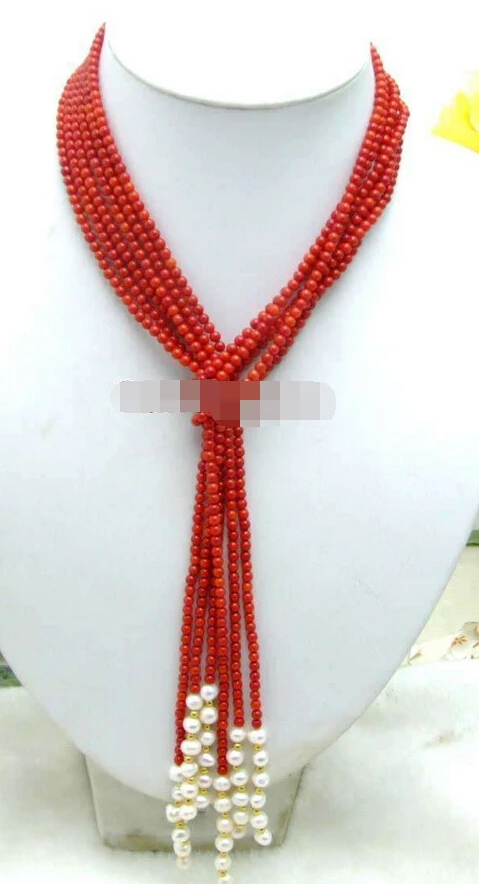 

Jewelr 005257 Natural 3 Strands Red Coral & White 6-7mm Pearl Necklace
