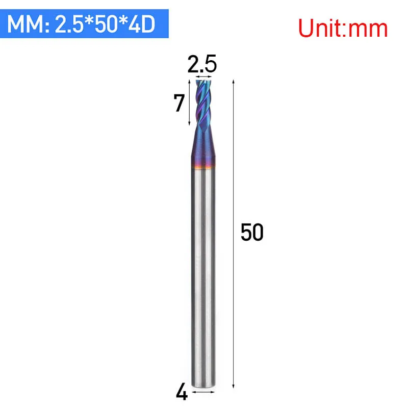 Карбид вольфрама HRC 65 градусов 4 флейты нано синее покрытие Концевая фреза хвостовик 4 6 8 10 мм затвердевает для алюминиевого сплава фреза - Длина режущей кромки: L00304