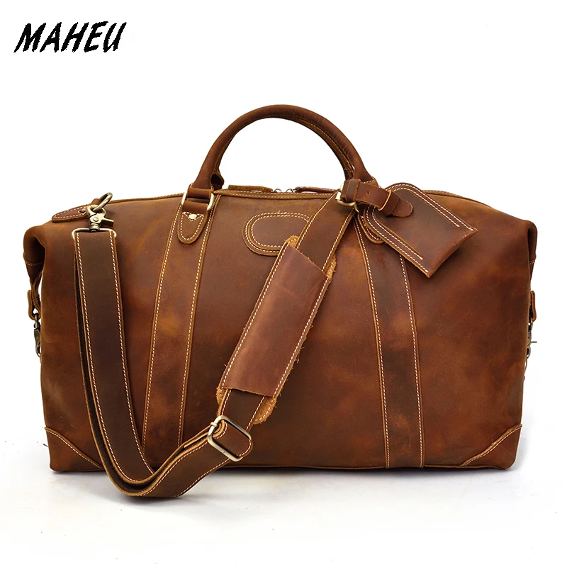 

MAHEU 100% Genuine Crazy Horse Leather Men Travel Bags With Rivet Big HandBag For Male Cowhide Duffel Bag Mans Travelling Bag