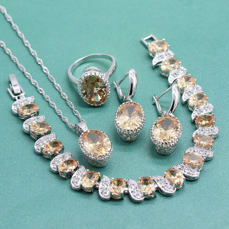 

Fashion 925 Silver Jewlery Sets for Women Orange AAA Zircon Necklace Dangle Earrings Ring Bracelet Free Gift Box Dropshipping
