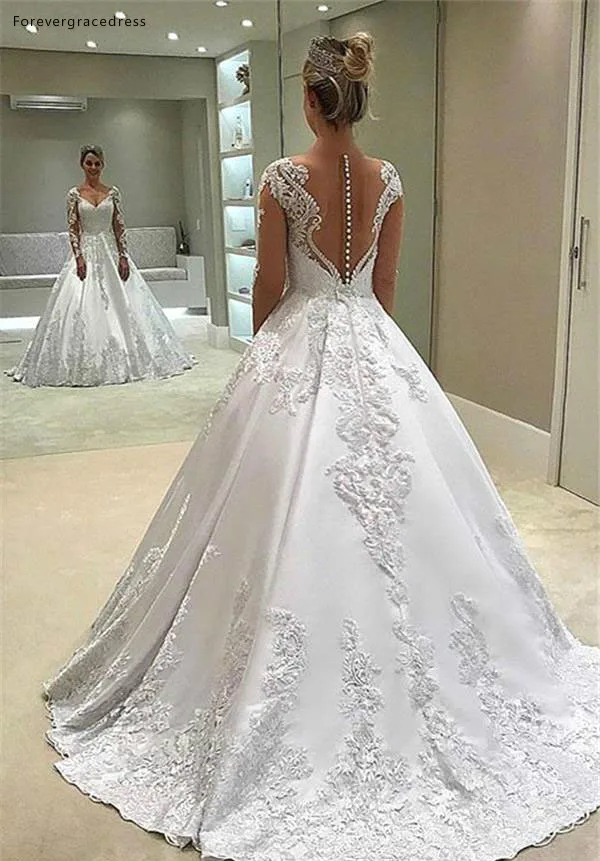 Modest White Long Sleeve A Line Wedding Dresses Sheer Backless With Buttons Jewel Neck Appliques Long Vestidos Bridal Gowns BC1665  175 (1)