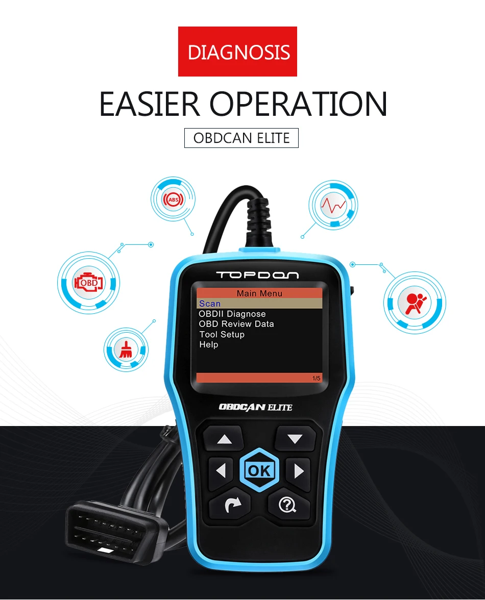 TOPDON Ultrascan OBDCAN ELITE EOBD/OBD2 полнофункциональный ABS/SRS считыватель кодов для более чем 25 брендов выключите светильник двигателя проверки