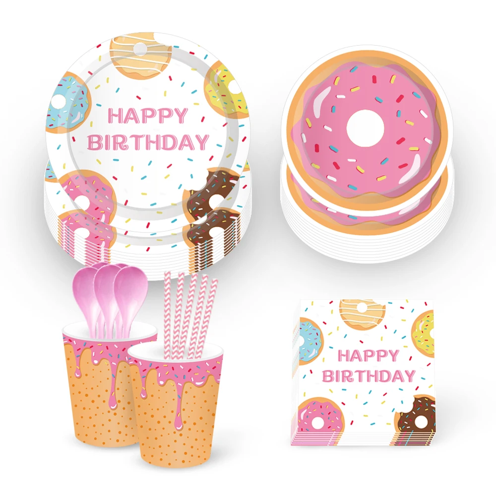 Omilut/вечерние одноразовые столовые приборы для девочек-пончиков, 1 день рождения, одноразовые столовые приборы/тарелки/чашки, пончики, кексы