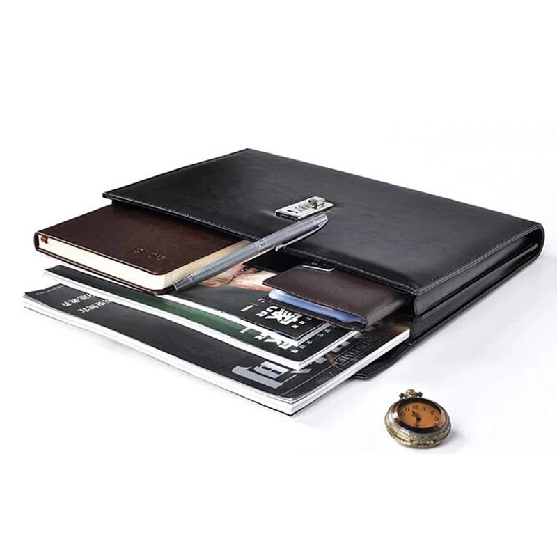 Cagie New A4 Vintage Pu Leather Office supplies Men Password Lock