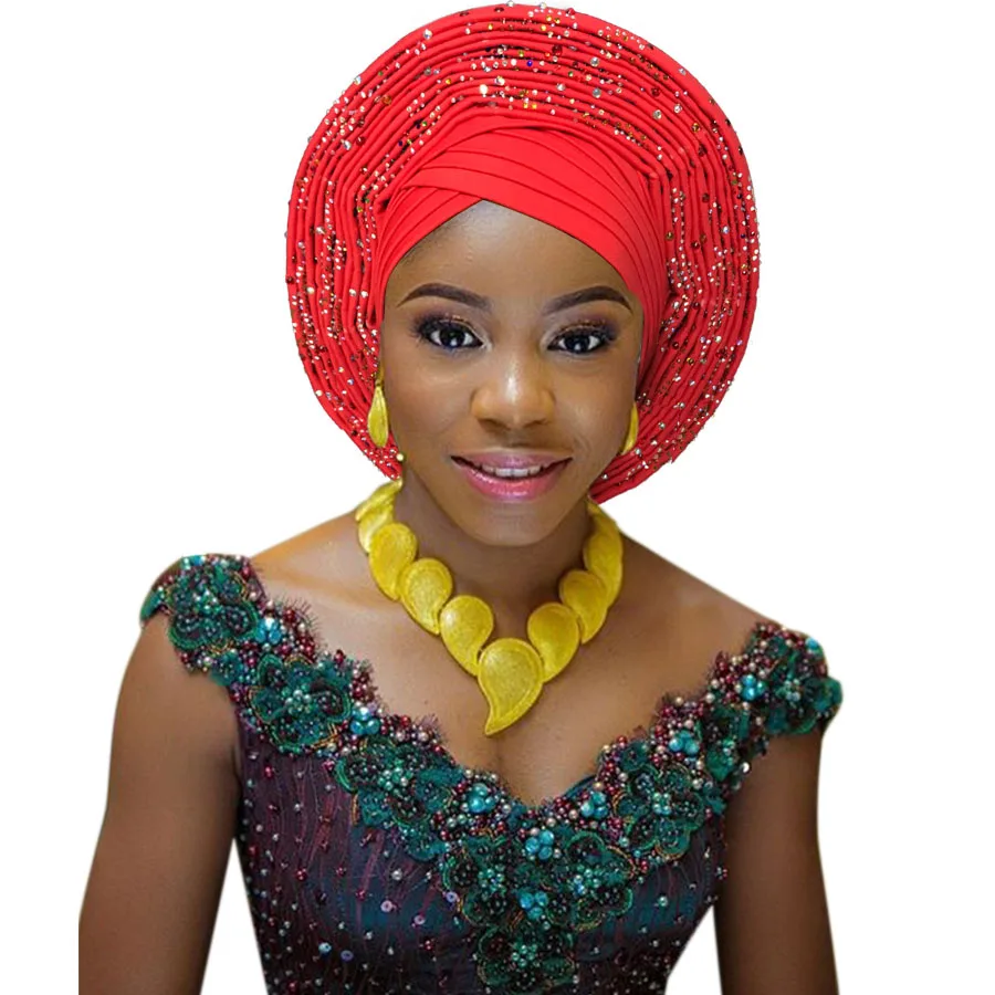2018 New african aso oke cotton headtie nigerian gele headtie already made auto hele turban cap aso ebi big brim gele  (7)