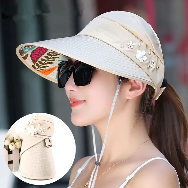 1pcs Women Summer Sun Hats Pearl Packable Sun Visor Hat With Big Heads ...