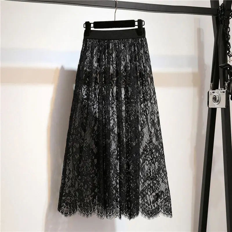 Женская плиссированная летняя юбка, тонкая сетчатая кружевная юбка с тюлем Jupe Jemme, белая черная юбка с высокой талией, сексуальные длинные юбки макси C4537