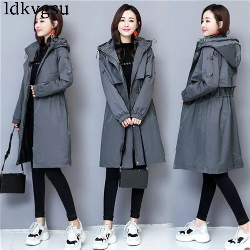 

fashion Plus velvet Windbreaker Jacket Female Autumn Winter 2019 New Korean Hooded Waist Long thick Coat Women V269