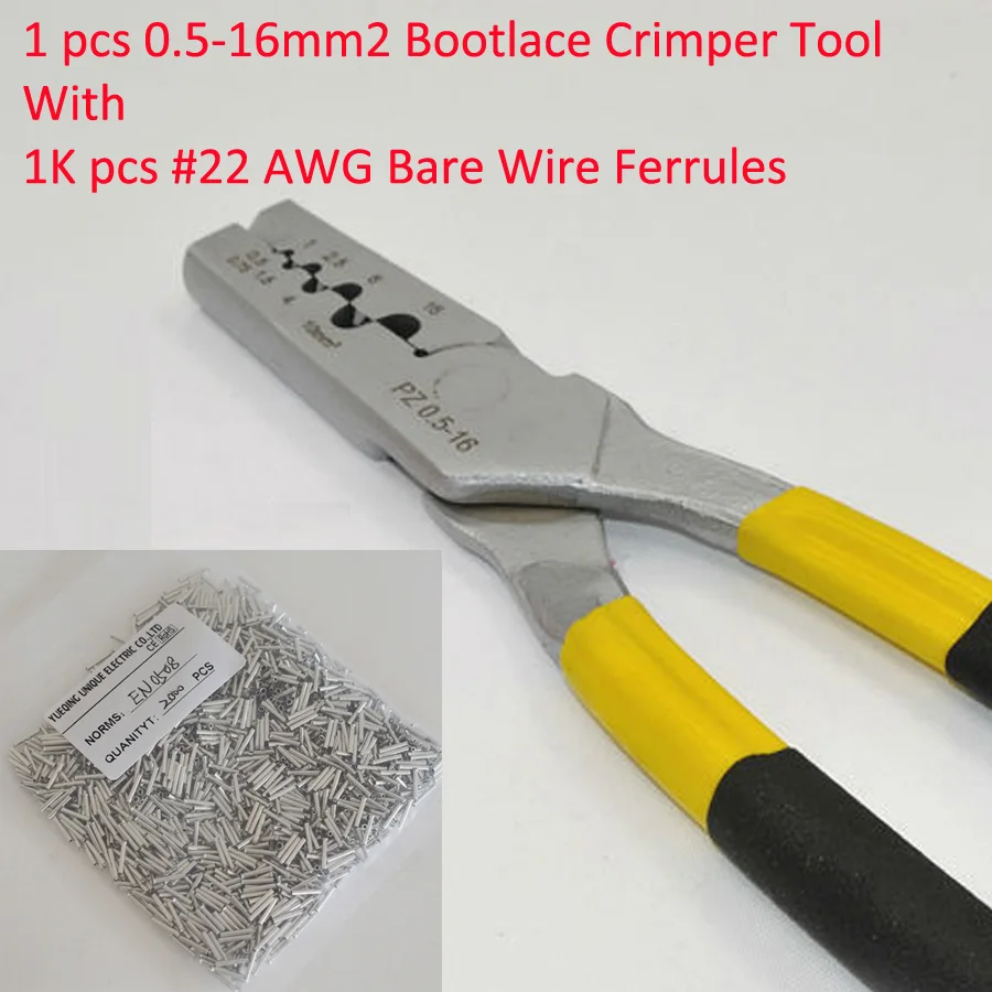 

PZ0.5-16 0.5-16mm2 Crimping Tool Bootlace Ferrule Crimper and 1K #22 AWG EN0508 Bare Bootlace Wire Ferrules