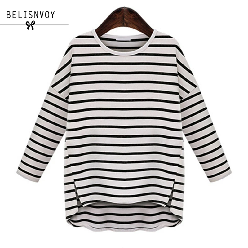 

XL-5XL Plus Size Women Clothing 2019 Autumn Casual Loose Striped Long Sleeve Slit All-match Basic T-shirts Oversized Tops Tees