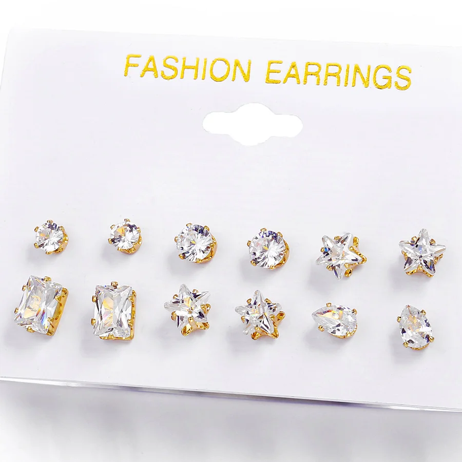 

6 Pairs Stud Earrings Set Fashion Women Jewelry Cubic Zircon Small Earings Gold Crystal Geometric Star Drops Style Gift for Girl