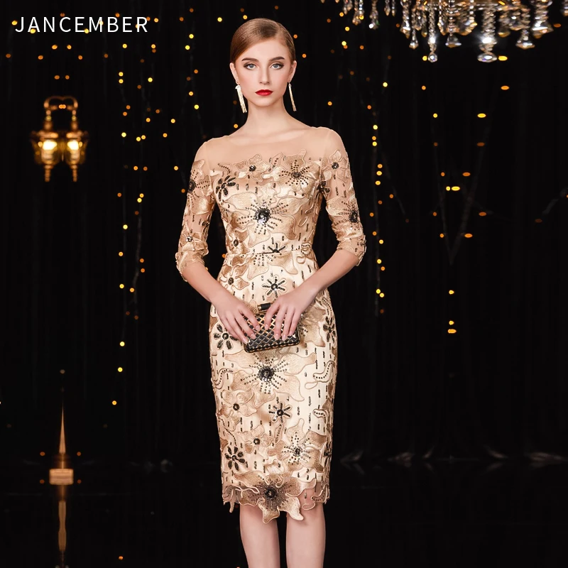 Jucember vestido elegante Коктейльная ложка прямая с плеча Половина рукава длиной до колена цветочный принт бисер цветы rochii