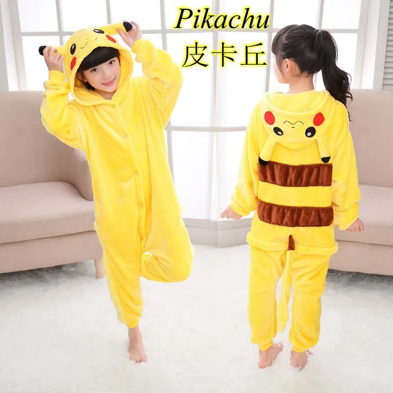 

Flannel Cartoon Animal One-piece Pajamas Pikachu Winter Boy Girl Student Costumes Parent- Child Yellow Clothes