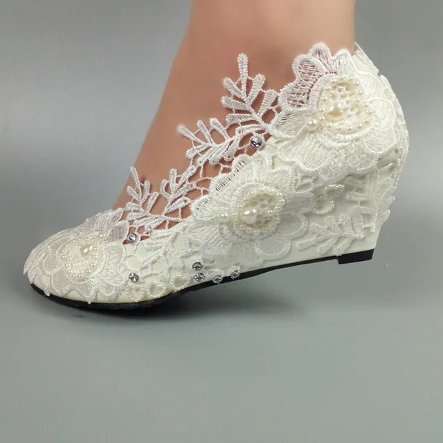New Arrival White Big Flower Lace Wedding Shoes Wedges Ladies