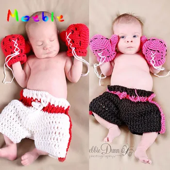 

2019 Kids Clothes set Infant Boxing gloves shorts Outfits Crochet Baby Boy Boxer photography props Handmade knitted MZS-15029