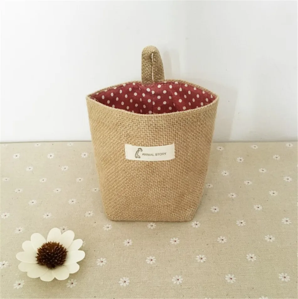 Linen Woven Storage Basket Polka Dot Small Storage Sack Cloth Hanging Non Woven Storage Basket Buckets Bags Kids Toy Box (12)