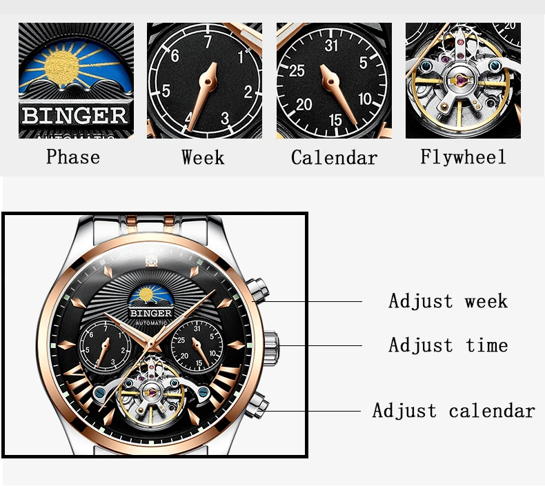Натуральная Роскошные Бингер бренд для мужчин часы автоматические механические водостойкие календари сталь мужской неделя фазы кожаны